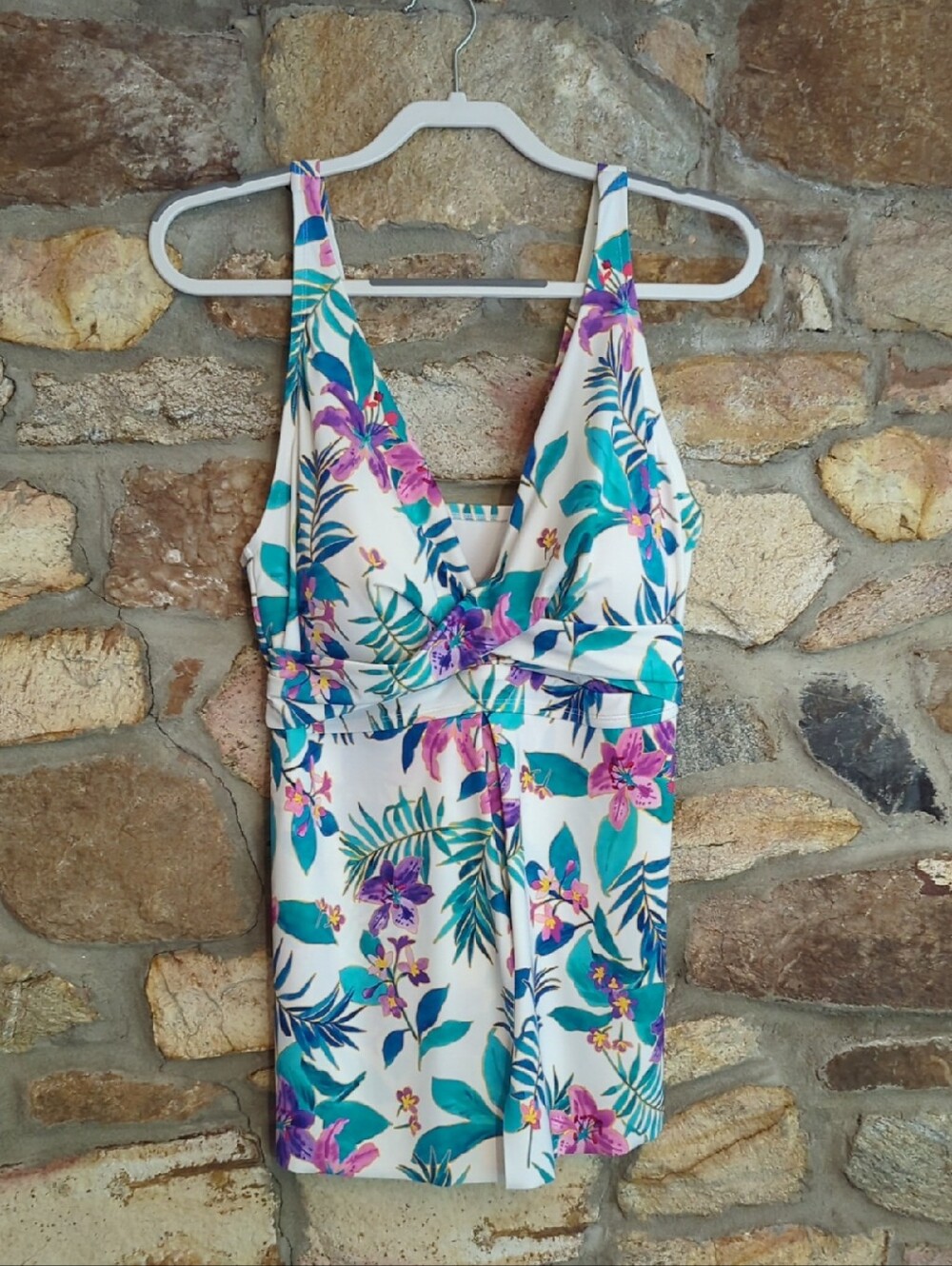 Swimsuits For All White Floral Tankini with Teal and Purple Leaves
